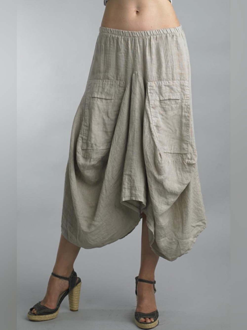 Tempo Paris Beige Linen Lagenlook Flowy Draped Midi Skirt Asymmetrical Small